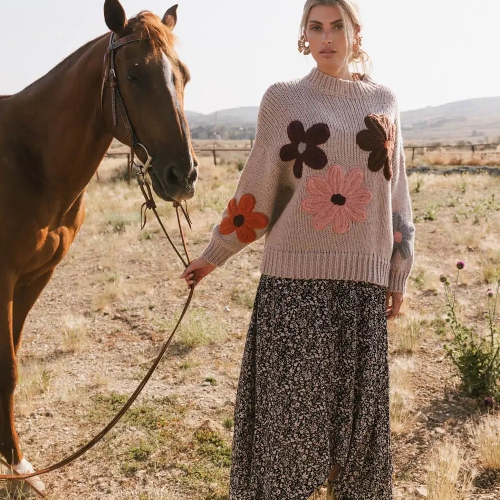 bohme Beige Crewneck Sweater with Pink, Brown & Orange Floral Appliques